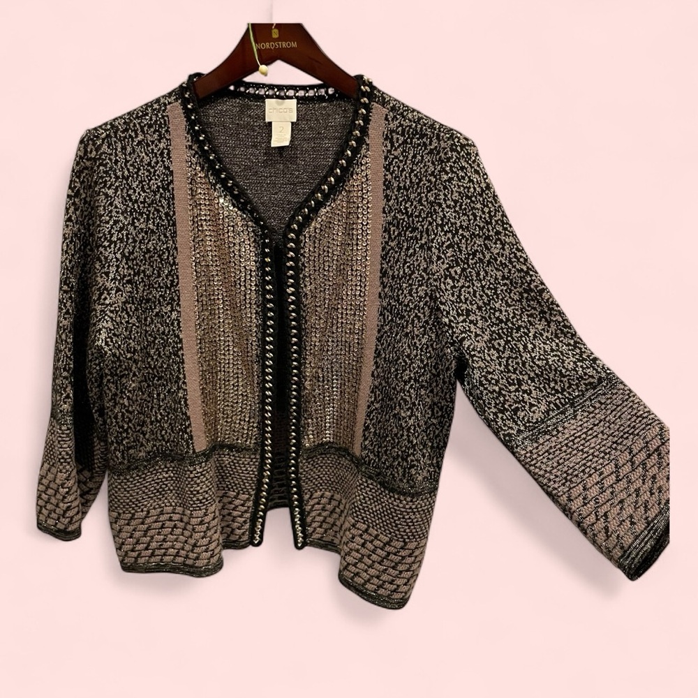 Awesome Chicos black tan gold metallic chain bling bling chunky cardigan sweater